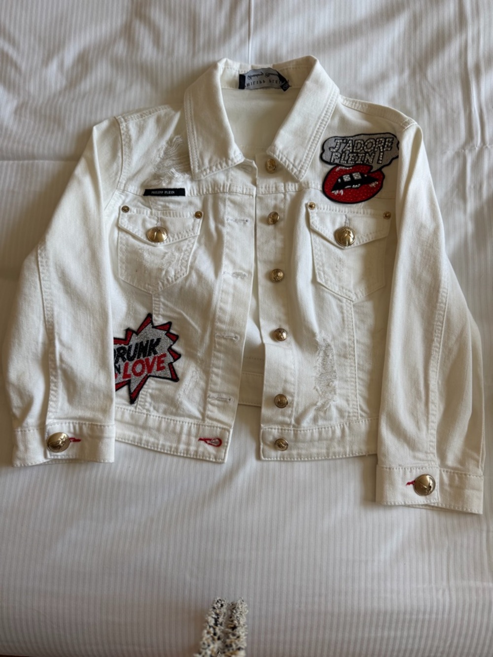 Philipp Plein White Jacket with Red Crystal Lip Patch